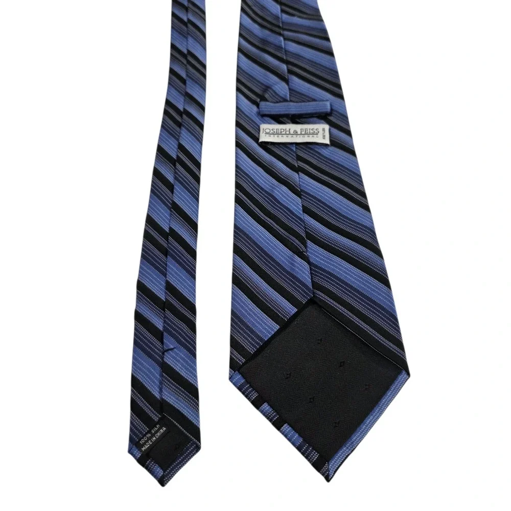 Joseph Feiss International Mens Necktie Blue Black Silk Striped Woven‎ Classic